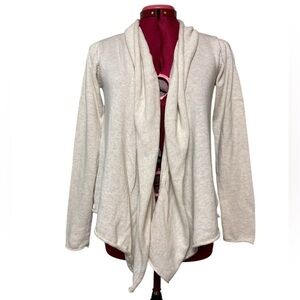 PrAna Georgia Wrap open long sleeve ecru cardigan rear peplum assymetrical hem